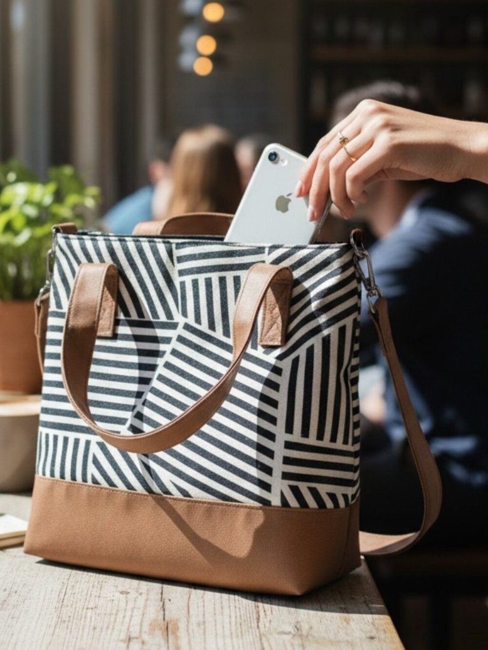 Short Stories Geometric Stripe Canvas Crossbody Tote Casual Closet Staple